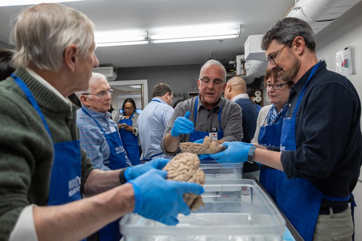 Dr. White shows model brains to alumni 